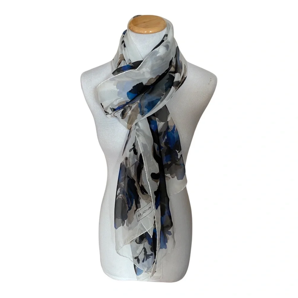 Vintage ST. JOHN Silk Chiffon Sheer Watercolor Floral Abstract Scarf Large 24x76